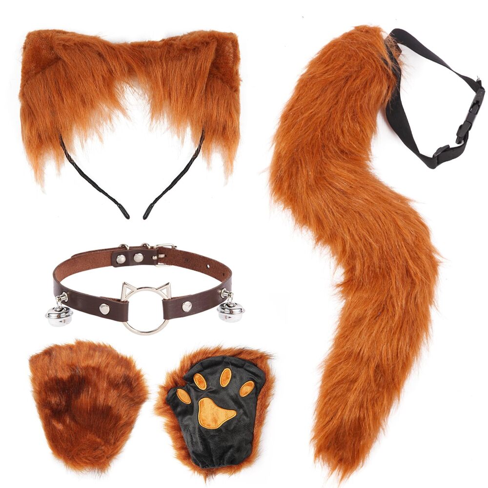 7269 4 Pcs Faux Fur Therian Mask And Tail Set For Halloween